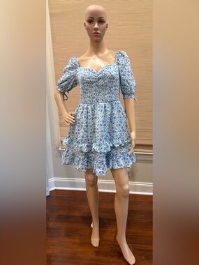 Lena Blue & White Floral Puff-Sleeve Tiered Mini Dress